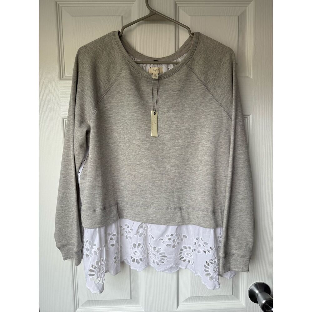 Cupio Crew Neck Sweater Large Women's Gray White Lace Frill Girly Flower NEW
